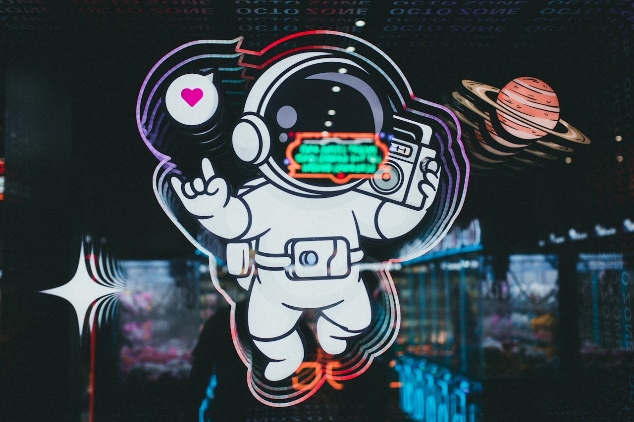 about-02 Vibrant neon astronaut design featuring a planet and heart in a futuristic night setting.