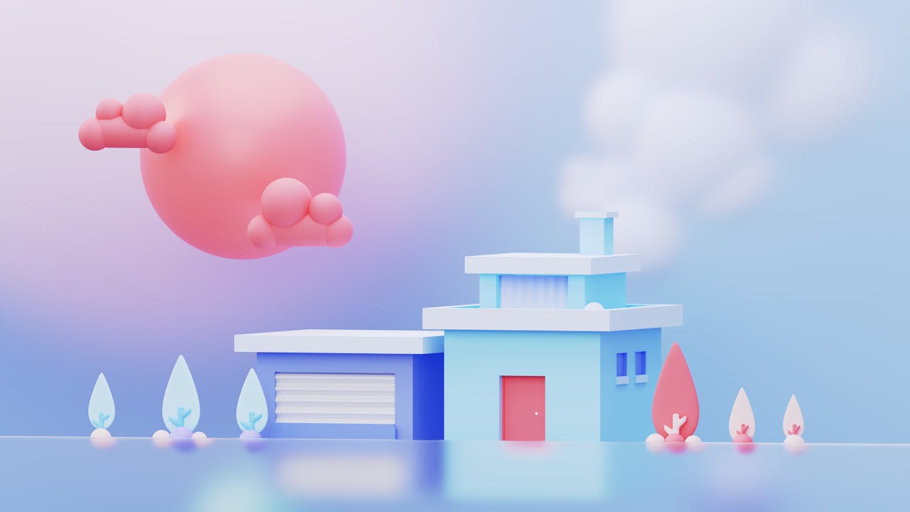 why-choose-us-02 A 3D render of a minimalistic house with a surreal pink sphere against a soft sky.