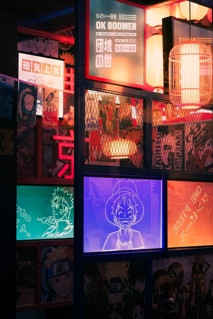 services-01 Explore the colorful anime-themed neon signs and lanterns in a Tokyo restaurant.