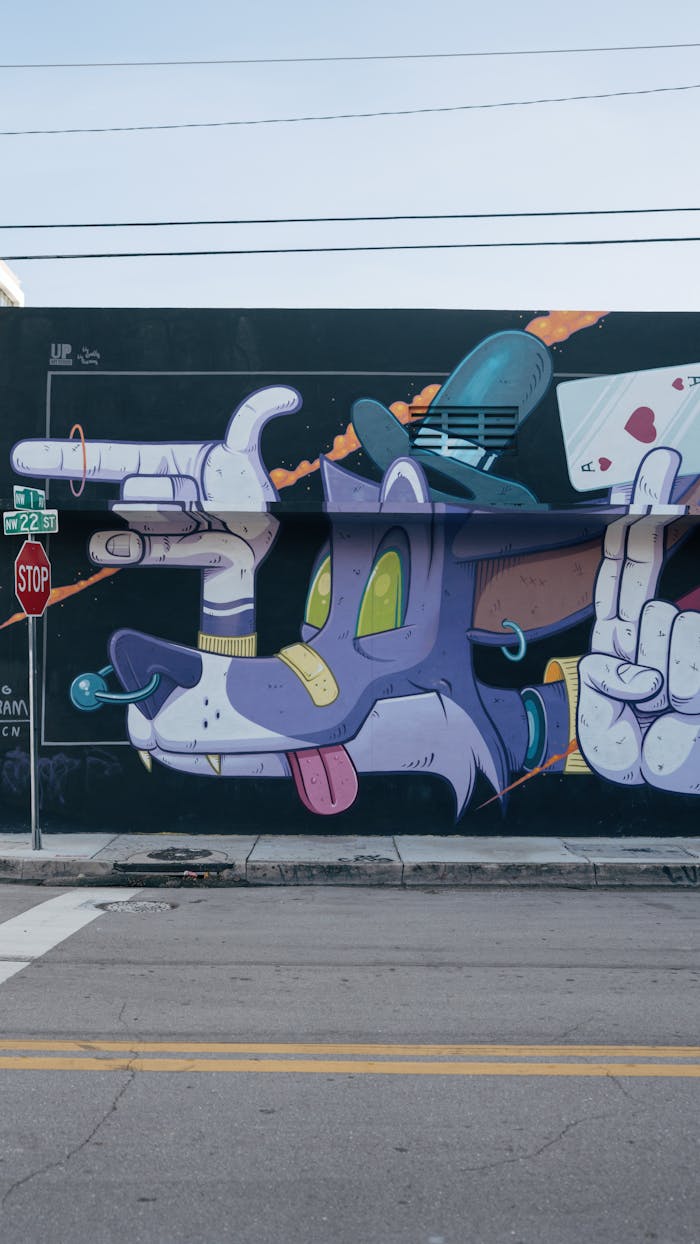 services-02 Vibrant street art mural of a cartoon dog in an urban setting.