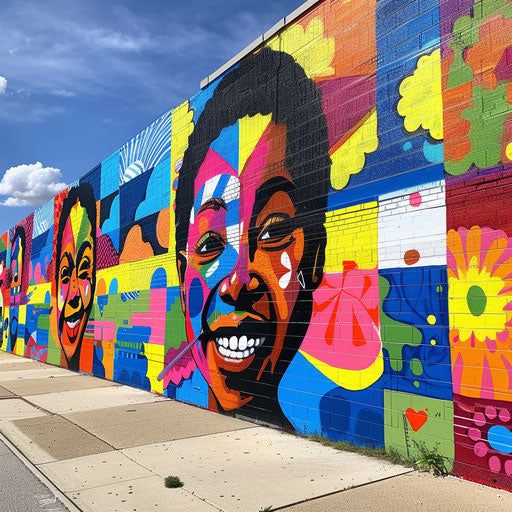 vibrant street art mural with bold colors and positive messages about community and unity